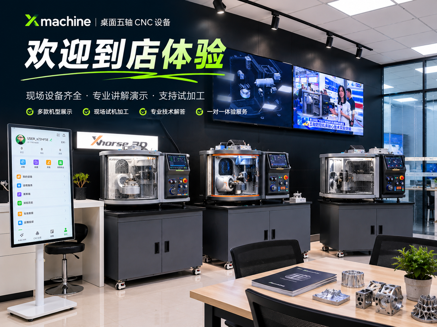 Xmachine 线下体验门店真机展示与桌面五轴 CNC 加工演示
